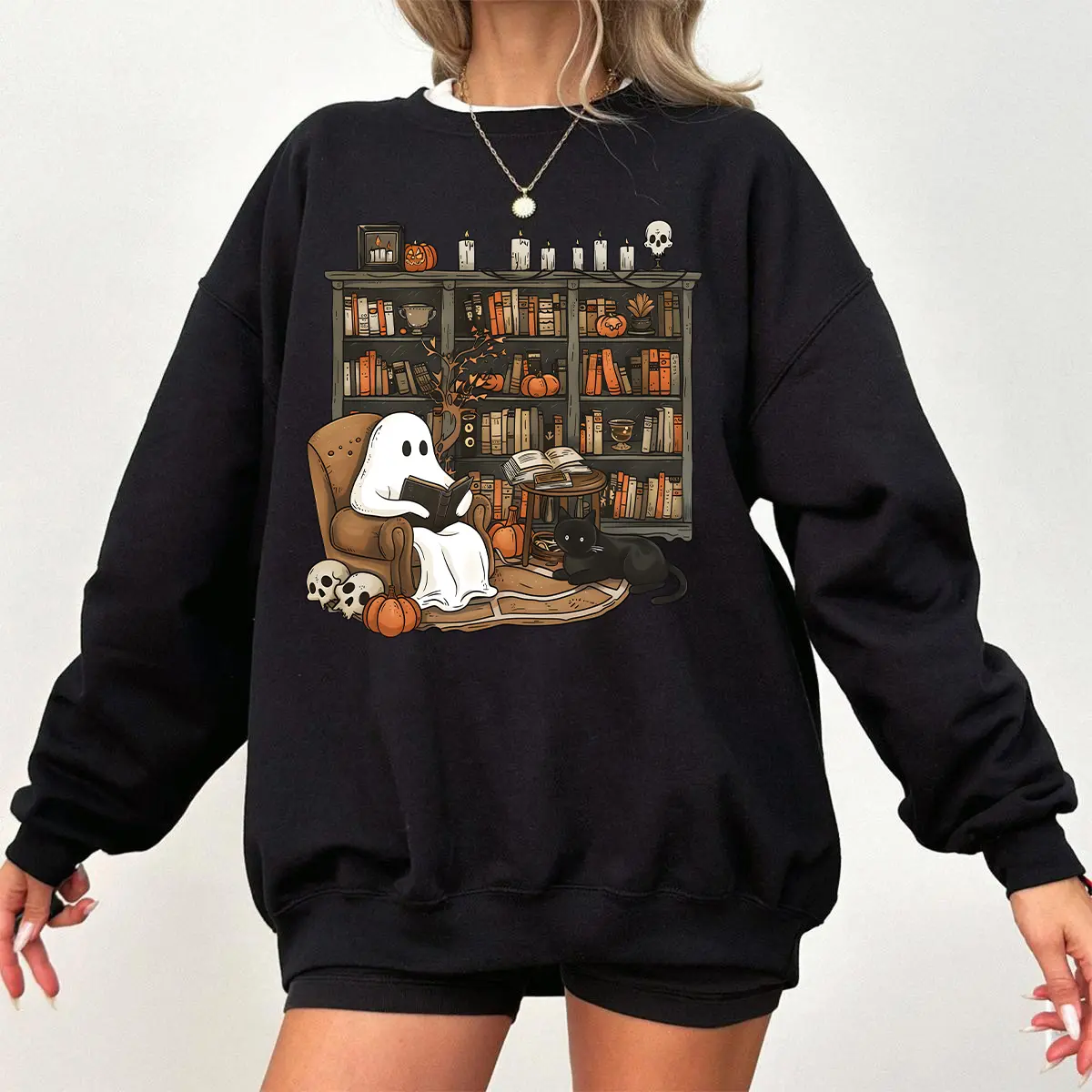 Retro Ghost Reading Books Sweatshirt, Book Lover Gift, Librarian Ghost Halloween Crewneck