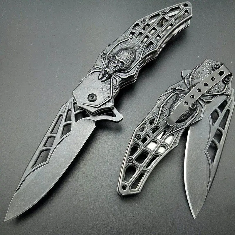 Spider Stonewash 440C Folding Knife Folding Blade Spider web Design Knives Cool survival Outdoor tools