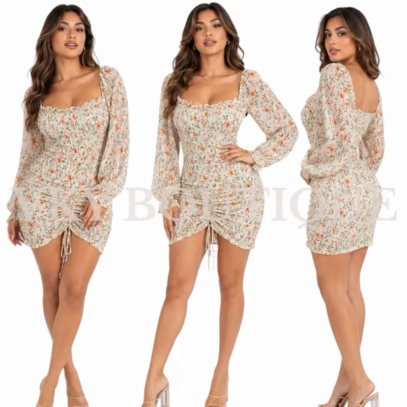 Bloom Muse Mini Dress HM - Floral Print, Long Sleeves, Square Neck, Ruched Design, Midi Length, Summer Style