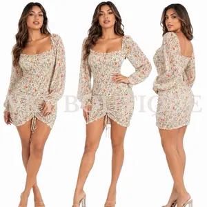 Bloom Muse Mini Dress HM - Floral Print, Long Sleeves, Square Neck, Ruched Design, Midi Length, Summer Style