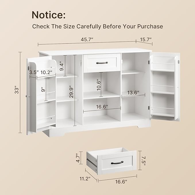 Gizoon 45” Kitchen Sideboard Buffet Cabinet with Storage Coffee Bar Cabinet with Drawer Kitchen Pantry Storage with Door and Shelves for Bathroom and Living Room