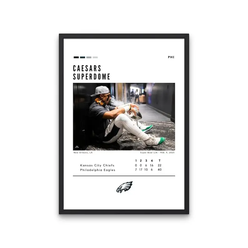 Unframed Jalen Hurts Philadelphia Eagles Super Bowl LIX Smoking Cigar with Lombardi Trophy Custom Sports Paper Print, Kid Room Wall Art Home Decor, Thoughtful Gift