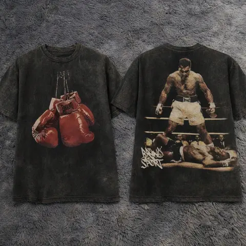 Men's Retro Washed Muhammad Ali Boxing Graphic T-Shirt - Double-Sided Red Gloves, "Knockout" Print, Unisex Oversized Crew Neck Short-Sleeve Casual Top, Vintage Boxing Legend Aesthetic, All Seasons, No Pockets, Vintage Graphic Tees
