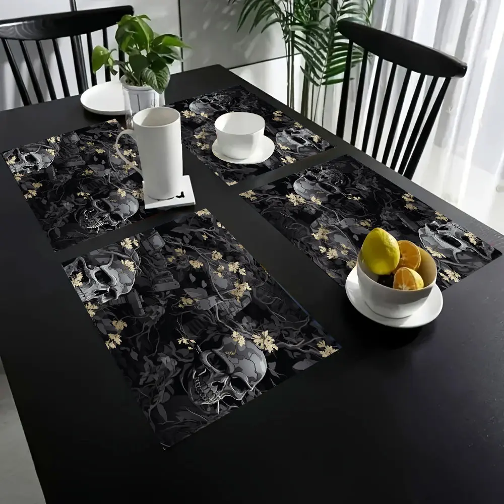 Gothic Skull PU Leather Placemats & Coasters - Black-Gold Floral Dark Art, Heat-Resistant, Non-Slip Tableware for Kids, Halloween Home Decor Dining Tables