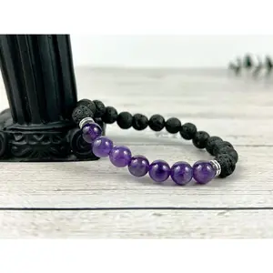 Amethyst Bracelet with Black Lava Beads - Essential Oil Bracelet - Diffuser Bracelet