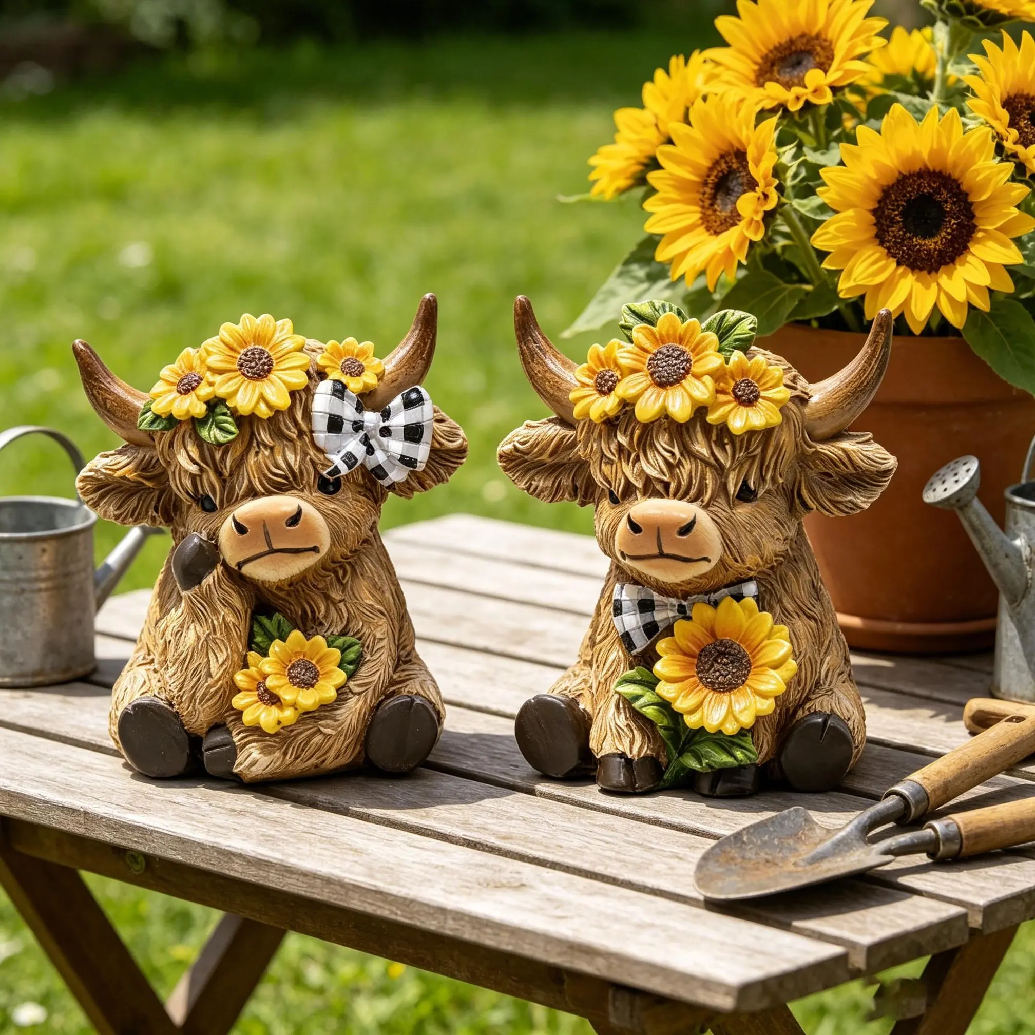Sangeren 2Pcs Sunflower Highland Cow Resin Figurines, Hand Painted Buffalo Plaid Highland Cow Statue Set, Farmhouse Tiered Tray Summer Tabletop Decor Gift