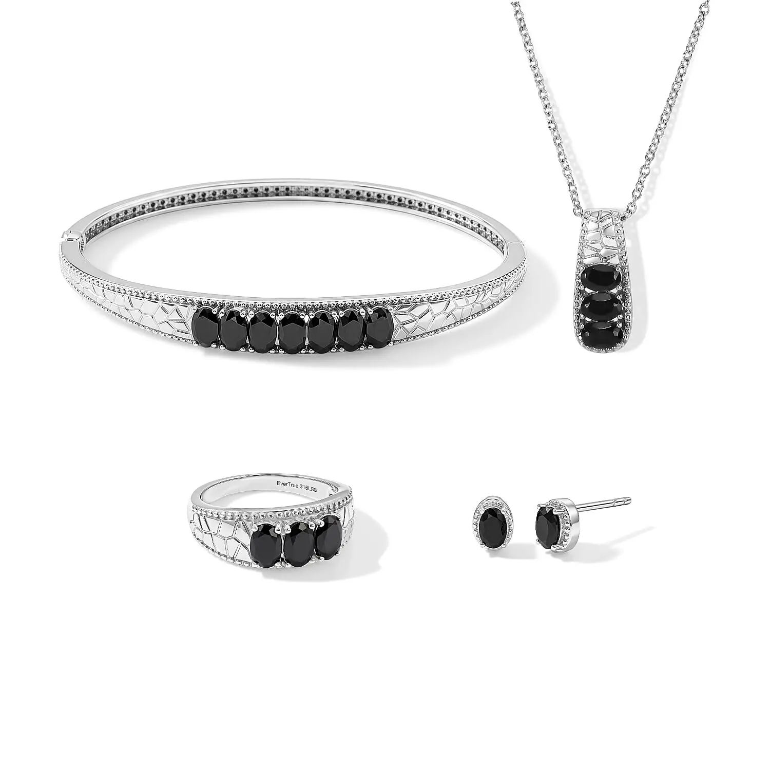 EverTrue Thai Black Spinel 9.70 ctw Bangle Bracelet (7.25 In), Earrings, Ring (Size 5) and Pendant Necklace (20 Inches) in Stainless Steel