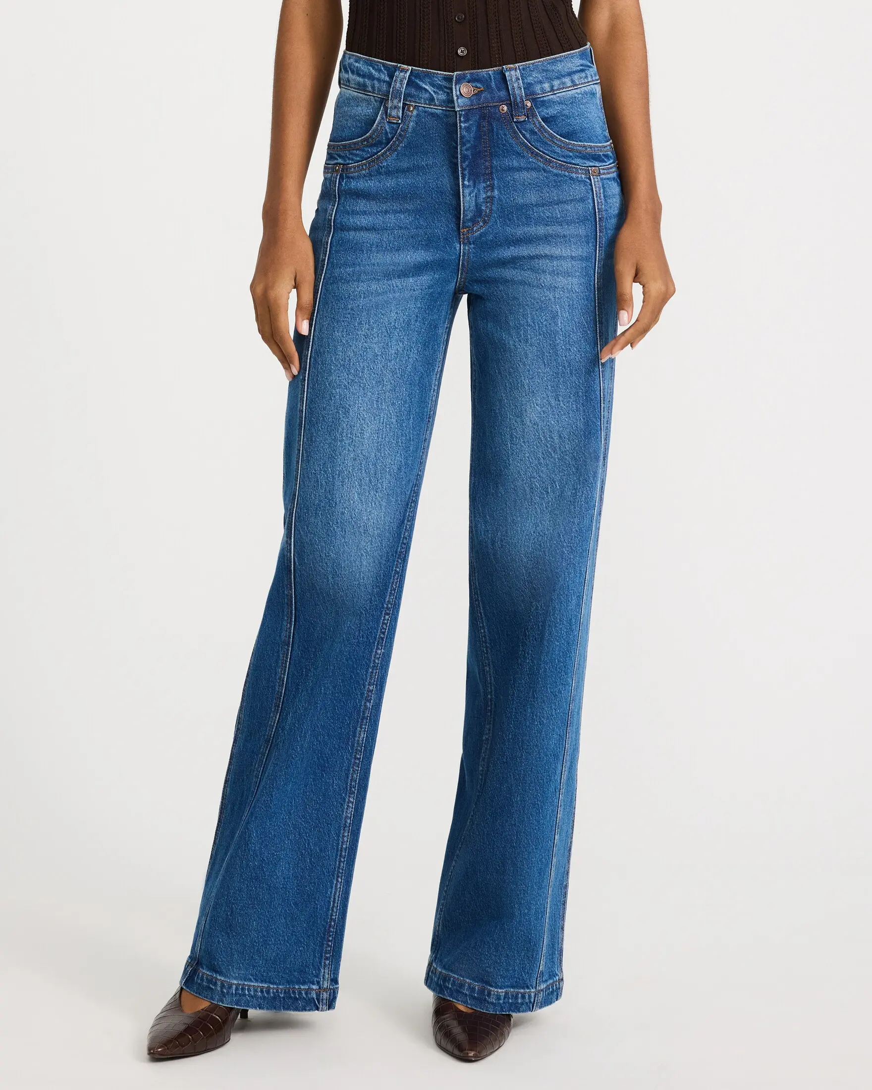 Express High Waisted Seamed Wide Leg Medium Wash Jeans