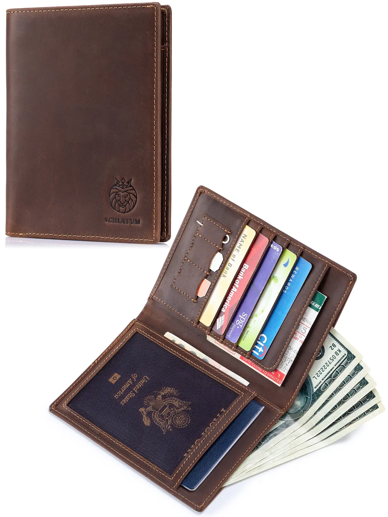 Men's Vintage Mad Horse Leather Passport Holder, Passport Cover, Two-Fold Design, 5 Card Slots, 2 Sim Card Slots, 1 Passport Slot, Large Cash Compartment, Passport Wallet, Travel Document Holder, Travel Essentials