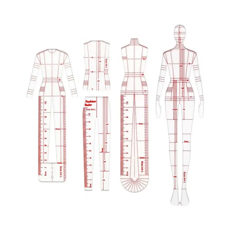4-Pcs Fashion Drawing Template Ruler Sewing Tool Kit - Precise Humanoid Template, Proportional Aid, Symmetry Guide for Fashion Sketches, Improves Work Efficiency, Best Gift for New Designers