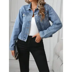 New Style Womenswear Denim Jacket with Short Front Placket Button Fitted All-Purpose Long-Sleeved Top