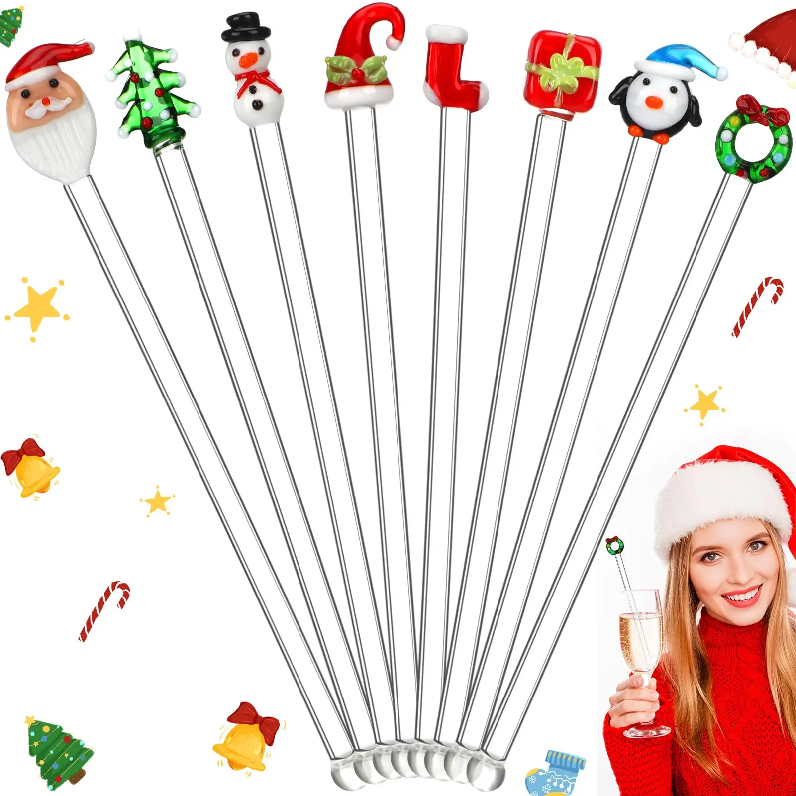 8 Pcs Christmas Glass Swizzle Sticks Xmas Cocktail Stirrers Snowman Santa Claus Candy Transparent Glass Stir Sticks Reusable Stirring Rod for Drinks Coffee Holiday Party Bar