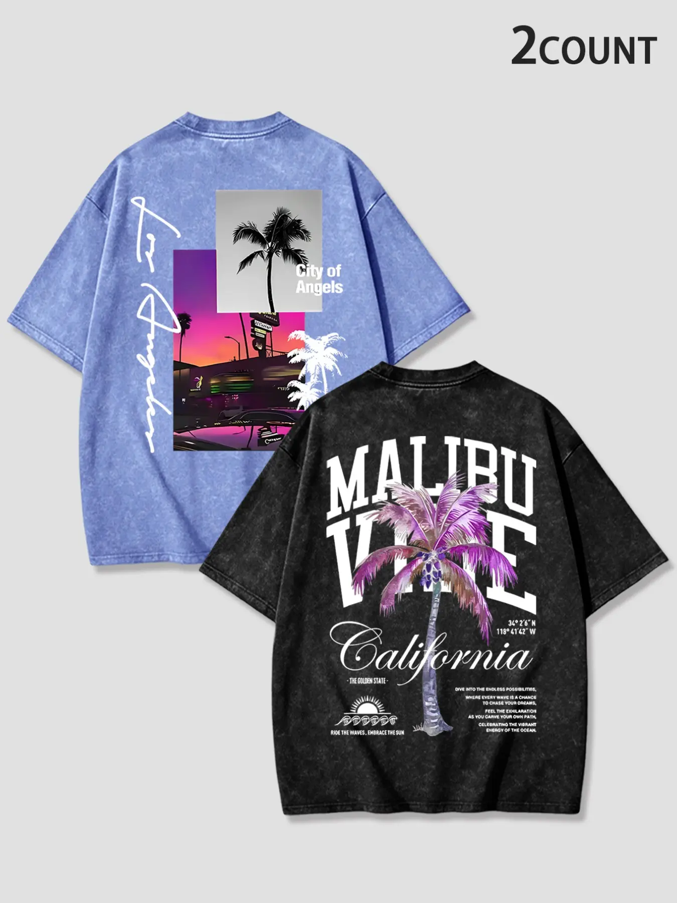 Men's Summer Vintage Malibu Tropical Theme Vibe T-Shirt, Distressed Washed Look, Loose-Fit, Casual Style, Ideal for Daily Wear, Streetwear, Vacation