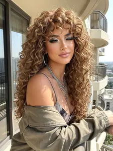 Women's 24-Inch Synthetic Hair Heat-Resistant Fiber Wig, Long Loose Curly Design with Bangs, Ideal for Daily Wear and Parties