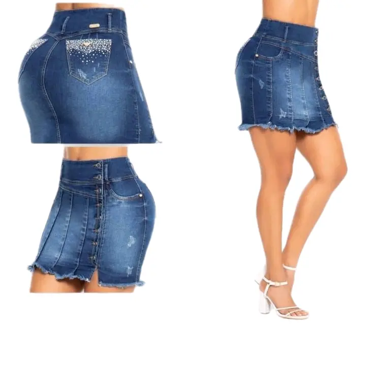 Women's High Waist Denim Skirt Piece - 50368 Style, Blue, Rhinestone Accents, Frayed Hem, Button Closure, Pockets, Minimalist Casual Chic Everyday Wear Bottoms