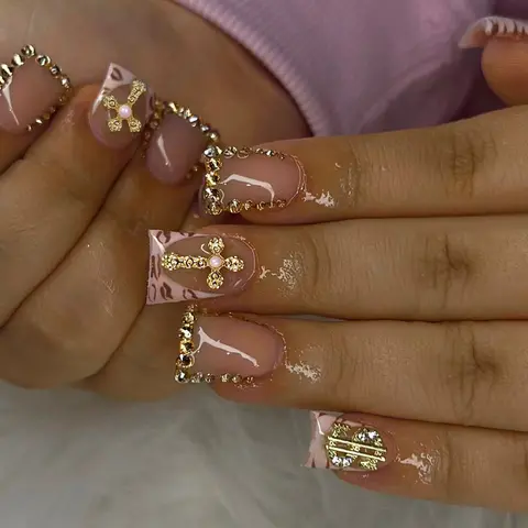 24pcs Press-On Nails, French Lips Cross Rhinestones Design, Acrylic False Nails Set, Includes Jelly Glue and Nail File, Perfect for Parties, Nails With Glue