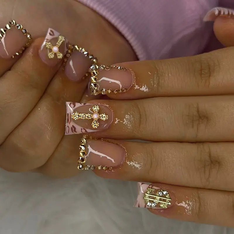 24pcs Press-On Nails, French Lips Cross Rhinestones Design, Acrylic False Nails Set, Includes Jelly Glue and Nail File, Perfect for Parties, Nails With Glue
