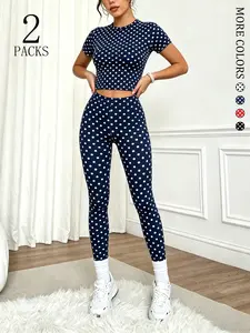 Women's 2-piece Polka Dot Activewear Set, Summer Activewear, Halter Neck Short T-shirt + High-waisted Slight Flare Yoga Pants, with Abdominal Support and Body Contouring, Hip-lifting Fitness Wear, Suitable for Gym, Running, and Daily Leisure