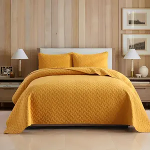 Cotton Bedding Sets Queen Size, 3 Pieces Reversible Lightweight Coverlets Comforters Bedspreads for All,Weave Stitching Pattern,Yellow