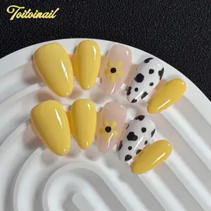 Lemon Cow Handmade Press-On Nails | Short Almond Shape, 10pcs | Solid Bright Yellow Base with Cow Print & Hand-painted Sunflower Decor | Fresh Summer Sweet Aesthetic | Daily Casual Wear, Reusable False Nails