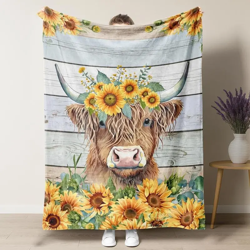 Highland Cow With Sunflower Crown On Rustic Wood Plank Background Print Flannel Throw Blanket Western Farmhouse Country Aesthetic Soft Cozy Blanket Perfect Gift for Sofa Bed Couch Living Room Home Decor