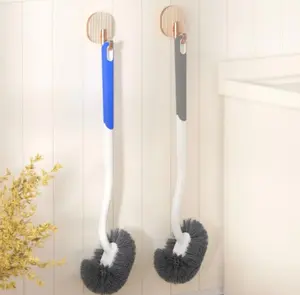 2 PCS Toilet Brush with Non-Slip Handle Cleaning Under Rim 2 Type Capability Brush Rubber Brush Toilet Bowl Brush Long-Lasting Brush Clean Every Corner of The Toilet (Gray+Blue)