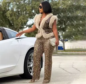Streetwear Leopard Sequins Glitter 2 Piece Sets Women Feather Furry Sleeveless Leopard Tank Top and Casual Straight Pant Outfits. size Small Medium Large Xl And 2X Elegance Style Trouser Suits