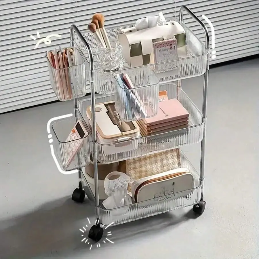 Senmeo 3/4-Tier Acrylic Rolling Cart With Hanging Storage, Clear Modern Design With Alloy Handle & 360° Silent Wheels, Multi-Use Trolley For Dorm/Bathroom/Bar/Kitchen