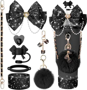 Mity Rain Bling Cup Accessories for Stanley Cup 30Oz 40Oz 20Oz Tumbler with Handle, Including Bow Straw Topper Cover, Straw Bow Decorate, Leather Water Bottle Handle Strap, Boot (Black) mity rain