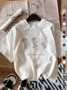 No Rain No Flowers Wildflower Graphic T-Shirt, Minimalist Botanical Line Art Print Tee, Oversized [100% cotton] Shirt, Boho Floral Casual Short Sleeve Top, Vintage Minimalist Cotton Tee for Everyday Wear and Plant Lover Gifts,viral graphic tees