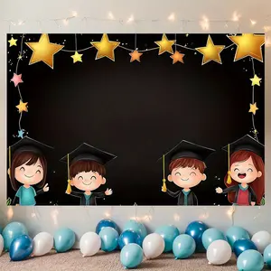 Preschool Graduation Party Banner - Polyester Photo Backdrop with Graduation Caps, Stars & Balloons - Multicolor Classroom Celebration Decor for Youngsters' Graduation Parties, Home Wall Decor, Graduation Party Decorations