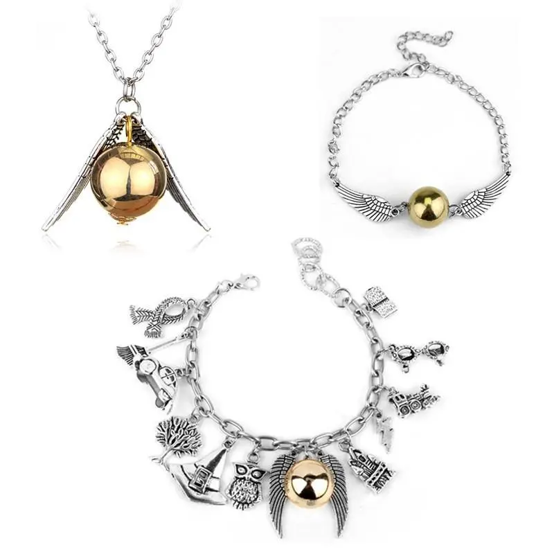 Golden Snitch Bracelet & Necklace Set - Brass/Silver Tone Winged Pendant, Lobster Claw Clasp, 17cm Wristband, 45cm Necklace, Wizarding Fan Collectibles, Birthday Gift Costume Jewelry
