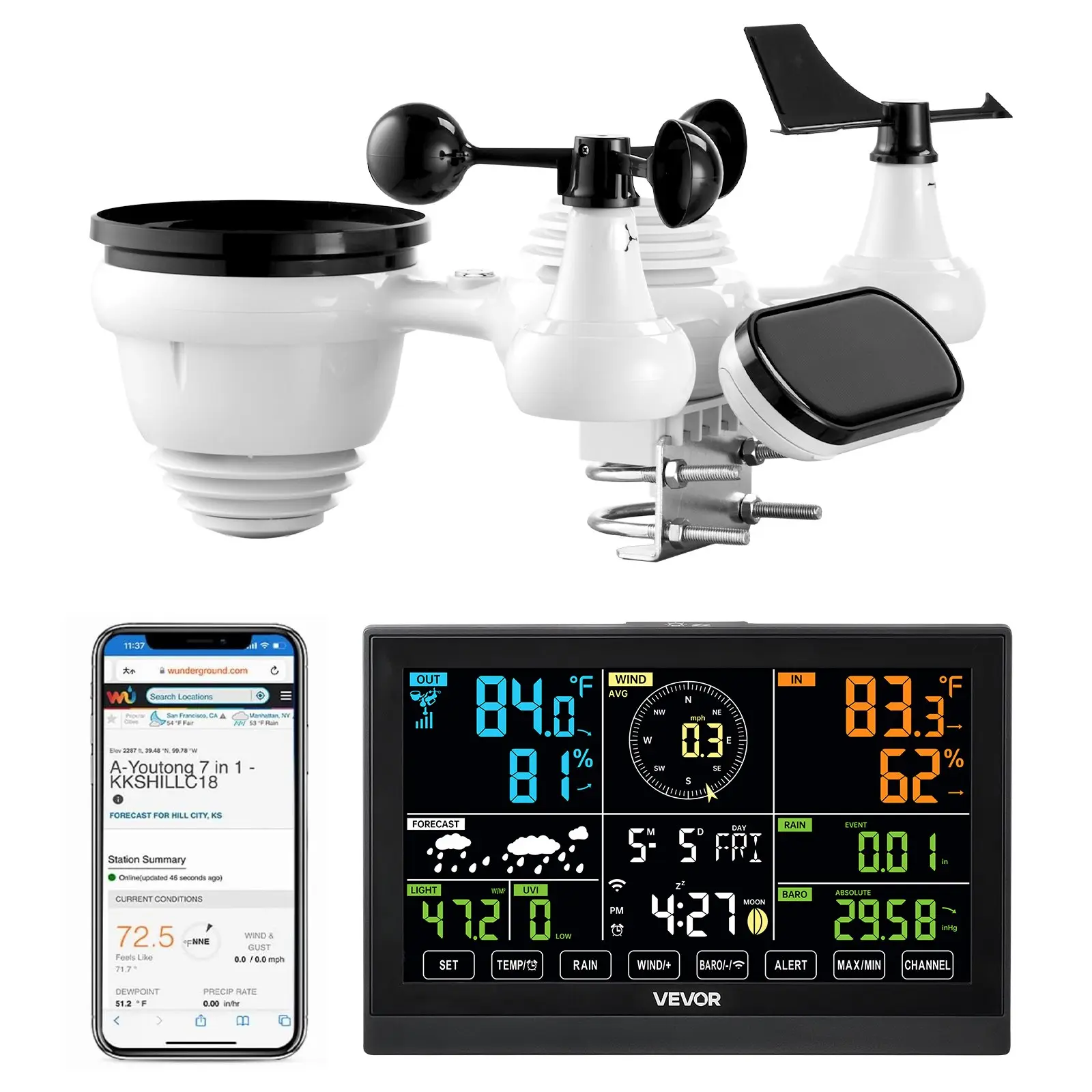 【Summerfinds】VEVOR 7-in-1 Wi-Fi Weather Station Tool Kit, 7.5-in VA Display, Solar-Powered Wireless Outdoor Sensor, Wifi Wireless Thermometer for Temperature, Humidity, Wind Speed, Wind Direction, Rainfall, Water Resistant for Farms, Gardens (No APP)