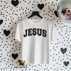 Holy Faith Based Tee - White Top with "JESUS" Design, Short Sleeves, Casual Style for Women - Womenswear