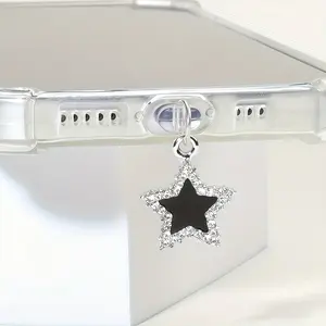 Mobile Phone Dust Plugs - - Creative Rhinestone-Encrusted Black Five-Pointed Star Mobile Phone Dust Plug Pendant Cell Phone Charm - Compatible with iPhone, Type-C, and Android Dust Plugs - Compact and Practical - Suitable as a Small Gift
