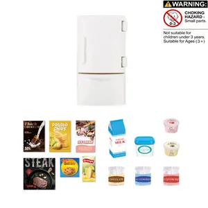 Family Dollhouse Refrigerator Set with Openable Door, Includes Milk Box, Yogurt Jar, Ice Cream Cup, Condiment Jars, Miniature Cooking Set, Suitable for Kids over 3 Years