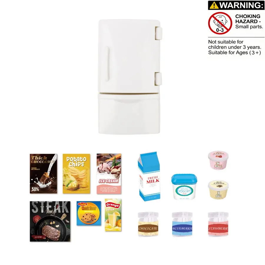 Family Dollhouse Refrigerator Set with Openable Door, Includes Milk Box, Yogurt Jar, Ice Cream Cup, Condiment Jars, Miniature Cooking Set, Suitable for Kids over 3 Years