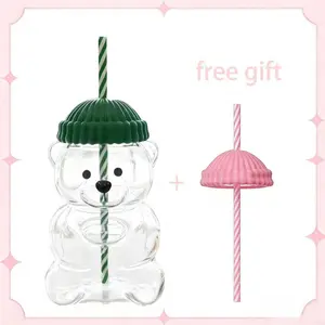 Bear Shaped Glass Cups, Romantic Pink & Green Teddy Bear Glass Mug with Airtight Cap, Decorative Drinking Jar for Valentine’s Party Decor, Engagement, Anniversary Gift, Creative Cocktail & Soda Glassware Drinkware Bottles Tumblers