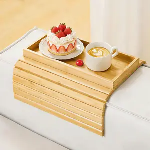 Bamboo Couch Arm Tray – Foldable Sofa Armrest Table with Cup Holder for Snacks, Phone & Remote