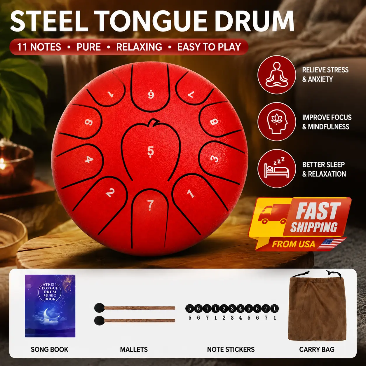 Premium 6 Inch 11 Note Steel Tongue Drum | High Precision Tuned Relaxing Meditation Instrument, Beginner Friendly with Thickened Carry Bag & Durable Mallets