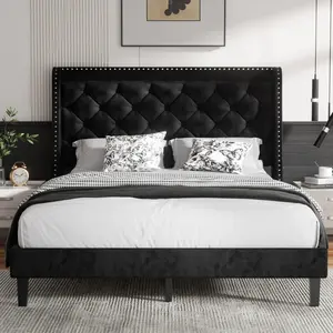 Queen Size Bed Frame with 48" Tall Headboard,14" Comfort Wingback,Upholstered Platform Bed with Button Tufted Storage Headboard,Wood Slats Support,No Box Spring Needed,Black