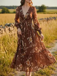 Women's Fashion Casual Wear Loose Chocolate Color Patchwork Floral Print Long Dress, Lantern Sleeve, Long Sleeves, Sexy Style, All Seasons, Plain Pattern