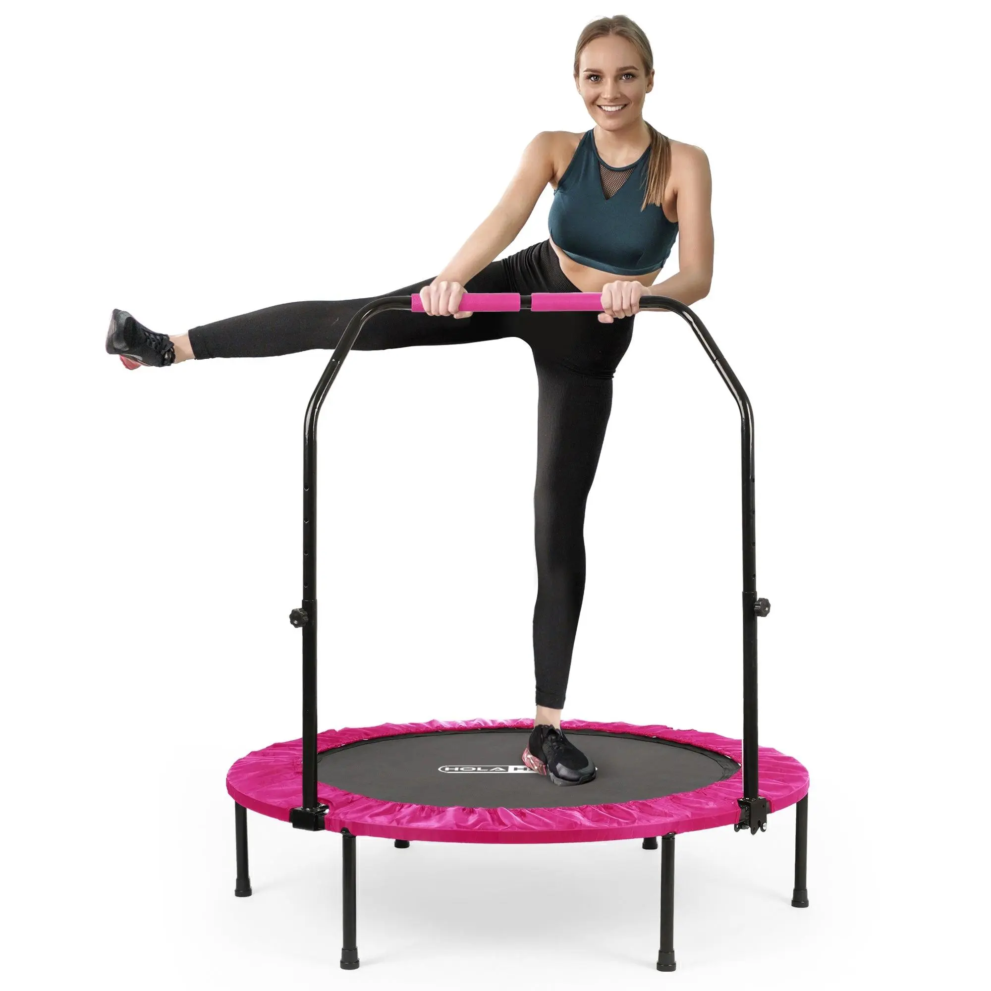 HolaHatha 48 Inch Foldable Mini Fitness Trampoline with Adjustable Handle, Pink HolaHatha 48 Inch Foldable Mini Fitness Trampoline with Adjustable Handle, Pink