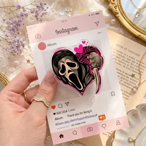 Masked Horror Phone Grip, Pink Heart Acrylic Grip with Dark Rose Detail, Spooky Phone Holder Stand for Smartphones