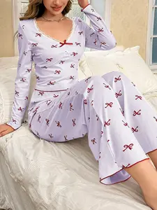Women's Long Sleeve Bow Print Sleepwear Set, Soft Comfortable V Neck Two-Piece Home Clothing, Casual Loungewear for Daily Wear
