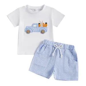 Canrulo Toddler Baby Boy Easter Outfits Short Sleeve Truck Embroidery T-Shirt + Shorts Set Summer Clothes Beachwear