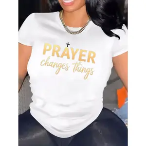Womens Prayer Changes Things Graphic Tee Short Sleeve Crewneck Faith Shirt Soft Cotton Casual Everyday Outfit Top Trendy Streetwear Summer T Shirt