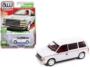 1989 Plymouth Voyager Turbo Van Bright White with Red Stripes & Interior "Mighty Minivans" 1/64 Diecast Model Car by Auto World
