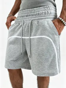 Men's Terry Fabric Athleisure Casual Shorts - Stretch, Unwrinkled, Sweat-Wicking, Flexible, High-Waisted Loose-Fit, Breathable Drawstring, Patchwork Arc Color-Block, Mid-Thigh Length, Sporty Gym Bottoms for Summer Everyday Wear, Stretch Men's Shorts, Unwr
