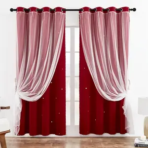French Romantic Two-Layer Hollow Star Light Blocking Curtain, Fashion Trendy Hole Drapery for Living Room, 1pc Finished Window Covering